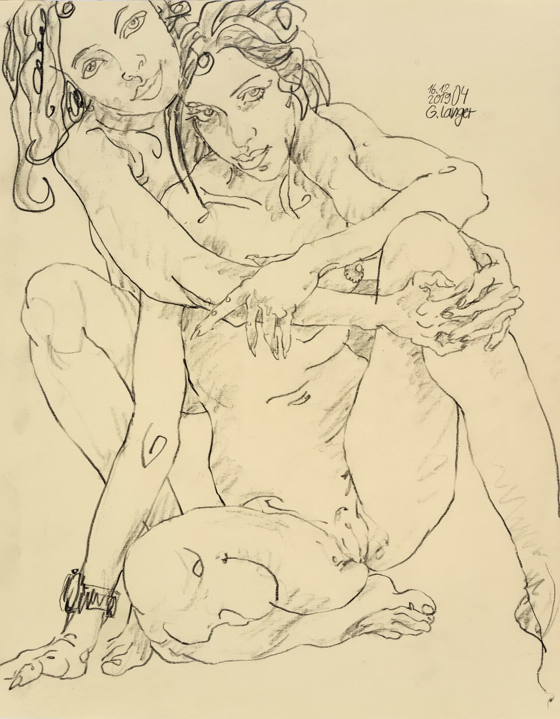 Gunter Langer, Zwei Mädchenakte, Freundinnen, Wunderbare Zeit, 2019, Bleistiftzeichnung, Achatpapier, 63 x 49 cm